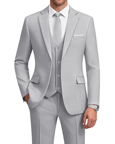WULFUL Mens Suit 3 Piece Slim Fit Suits for Men One Button Blazer Jacket Pants Tuxedo Suit Set for Prom Wedding and Business Light Grey