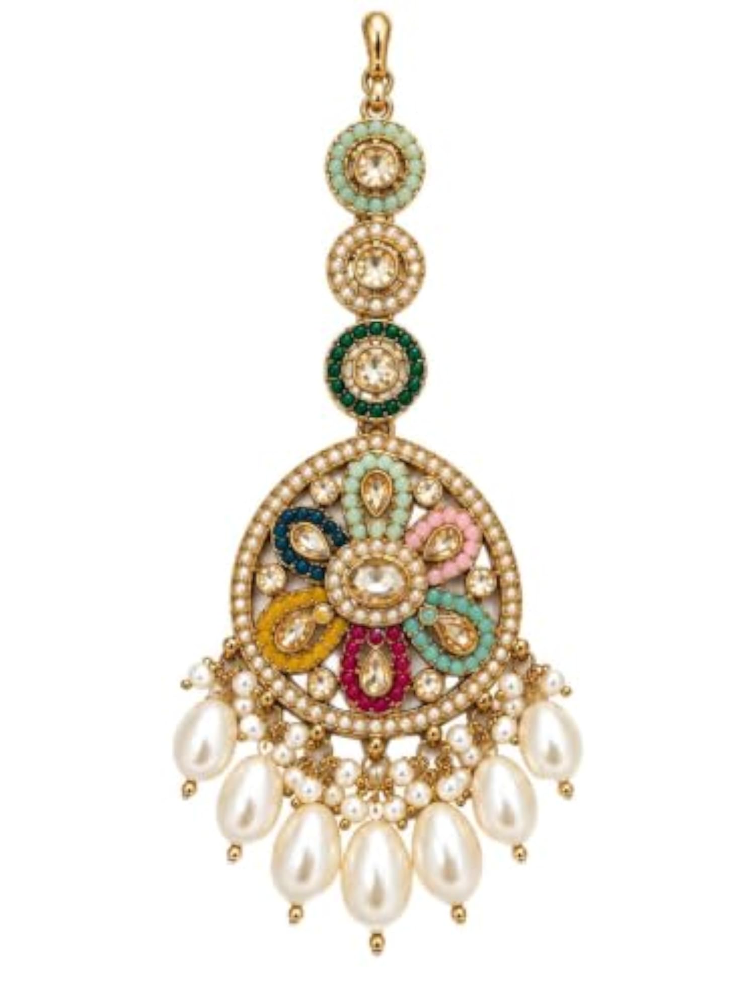 Multicolor Kundan Pearl Bridal Maang Tikka