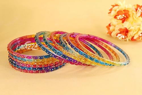 Image of LAVAZZA Raindrop Glass Bangles Set For Women & Girls with Zircon Diamond Stone & Beads | Trendy Transparent Crystal Glass Bangles | Fancy Kanch ki Chudi Set | Bangles for Wedding, Party- Set of 12