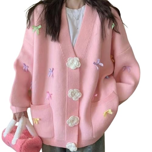 Xunger Women’s Bow Sweater Cardigan Oversized Floral Button Long Sleeve Knit Sweater Coat with Pockets