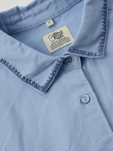 Image of The Souled Store Cotton Linen: Wild Spirit Women and Girls Long Sleeves Collared Neck Button Front Blue Embroidered Lightweight Summer-Ready Cotton Linen Shirt for Casual Streetwear