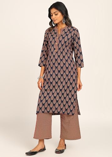 Image of BLOCKS OF INDIA Women's Solid Straight Kurta Set | Hand-Stitched Neck Details with Pintucks | Comfortable Pants with Pockets, Elastic Waist & Drawstring Fit