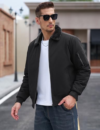 Image of TACVASEN Men's Fleece Jacket Full Zip Up Warm Bomber Jackets for Daily Wear | Winter thick jacket coat for men , fur collared bomber style with 4ple pockets for travel, outdoor walking