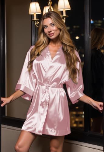 Image of Turquaz Women's Bride Bridesmaids Robe - Satin Kimono Robes for Wedding & Bridal Party Silk Like Lightweight Robes for Women, Light Pink, Medium