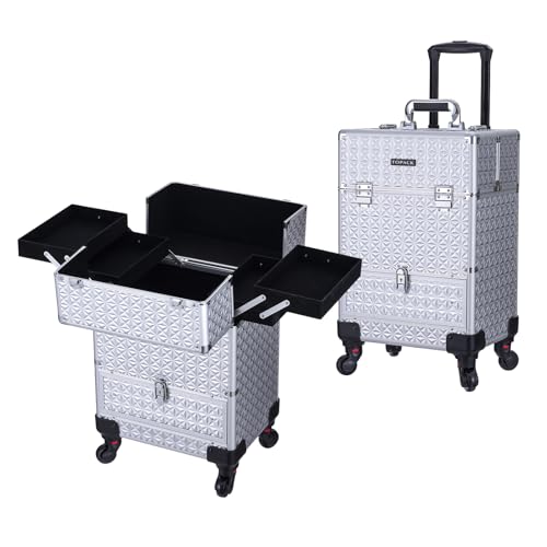 TOPACK Estojo de trem de maquiagem rolante, roda rotativa de 360°, estojo cosmético de alumínio com carrinho de 4 bandejas para tatuagem/barbeiro/organizador de carrinho de viagem 33 x 25 x 46 cm