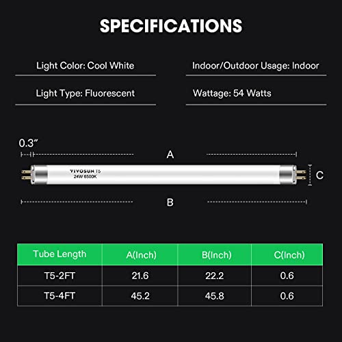 Vivosun B01731MOGQ T5 Grow Light Bulbs 2 Ft 22 Inches, 24W 6500K Ho Fluorescent Tubes Light Bulbs, Cool White T5 Bulb For 22 Inches T5 Light Fixtures, T5 Grow Lights For Indoor Plants thumb #1