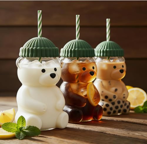 Image of CHONGZFU 2026 New Glass Bear Cup Bear Straw Cup, 20oz Cute Bears Glass Tumbler with Reusable Straw - Cute Animal Mug for Hot and Cold Drinks, Smoothies, Water, Juice, Travel & Gifts 1 Pcs (Green Cup)