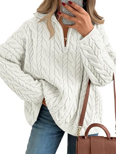 Trendy Queen Women's Oversized Sweaters Cable Knit Pullover Quarter Zip