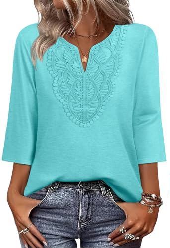 Image of WIHOLL 3 /4 Length Sleeve Womens Tops Boho V Neck Lace Shirt Trendy Blouses Dressy Casual Vacation Clothes S-3XL