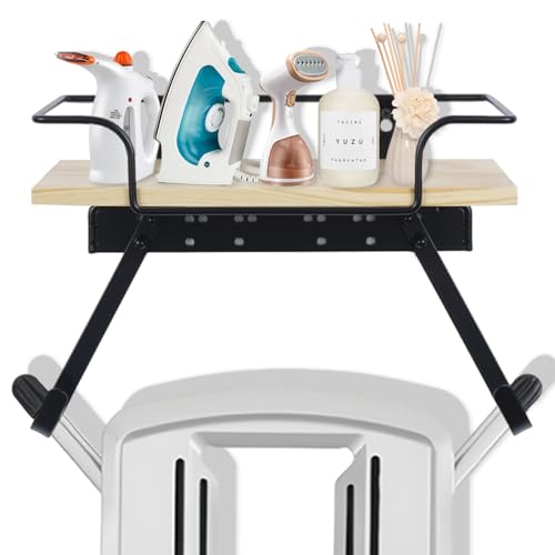 aleawol Ironing Board Hanger Wall Mount, Adjustable Hooks for Y and T-Leg Ironing with 50lb Weight Capacity Base Basket Organizer Wooden Iron Board Hanger for Bedroom Laundry Room Cloakroom