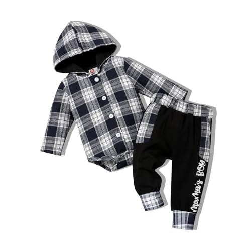 Image of Fuermos Newborn Baby Boy Clothes Plaid Button Long Sleeve Hoodie Romper+ Mama's Boy Pants Fall Winter Outfits Set