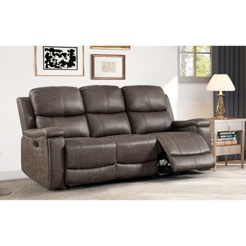 CANMOV Faux Leather Manual Reclining Sofa,3 Seat Recliner Couch Sofa with Overstuffed Arms and Back,Manual Recliner Sofa Set with Concealed Cup Holders for Living Room,Grey