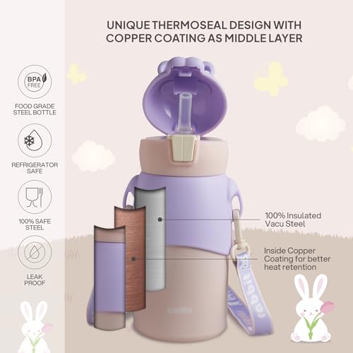 Image of Cello Bunny Kids Stainless Steel Flask 500ml, Purple | Double Walled Vacuum Insulated Technology | One Click Push Button to Open | Ideal for School, Sports, Picnics