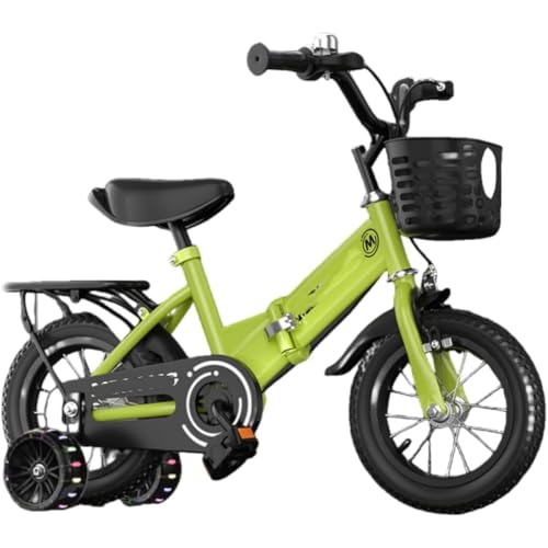 GrdMis折りたたみ自転車 子供用 12/14/16/18/20インチ 補助輪付き 泥除け付属 ハイカーボンスチール製 サドル高さ調節可能 背もたれ付き 広幅光るホイール 男女兼用 3歳〜13歳対応 キッズバイクヘッドライト付き 組み立て簡単 (グリーン