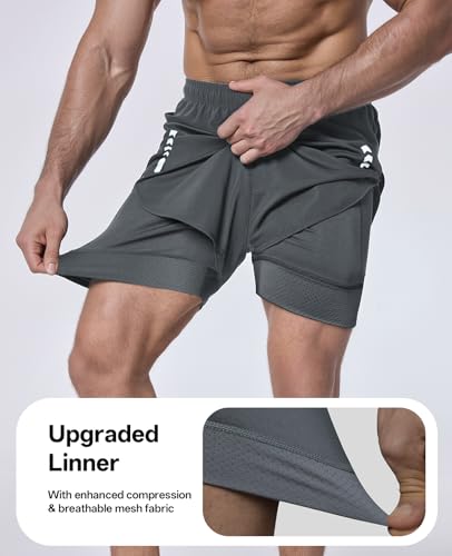 Men's 2 in 1 Running Shorts 5 inch Gym Athletic Workout Shorts with Liner Quick Dry with Back Zipper Pockets4