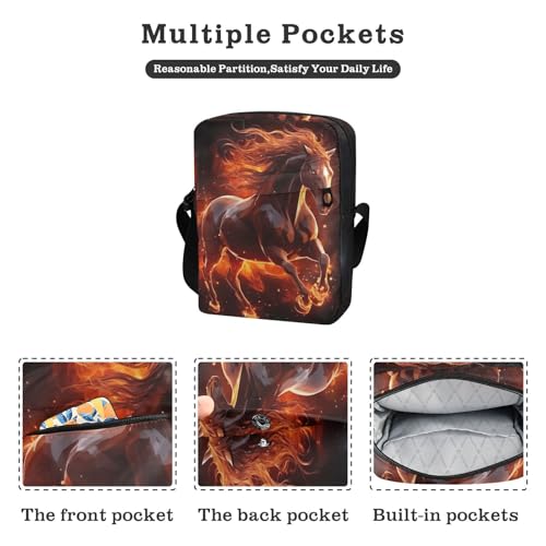 Crossbody Bag Fire Flame Horse Animal Messenger Bag for Women Men Purse Shoulder Bag Satchel Bag with Adjustable Strap 202a09392