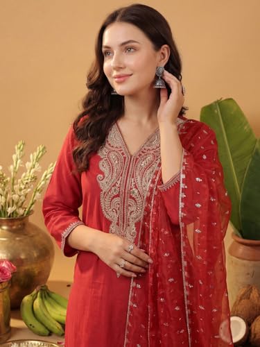 Image of INDO ERA Women's Liva Red Paisley Embroidered Sequinned Straight Kurta & Pant with Dupatta Set