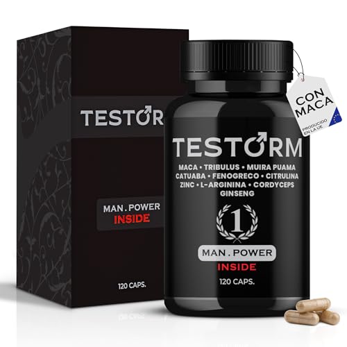 TESTORM Testosterona hombre | Maca Negra y Tribulus Terrestris | Ingredientes naturales, Vitalidad masculina | Zinc, L-Arginina y Ginseng | 120 Cápsulas