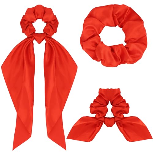 Esitrormi Red Satin Scrunchies for Thin & Thick Hair Bow Ties for Women Satin Scarf Hair Ribbons for Girls Red Accessory for Woman (Pack of 3)