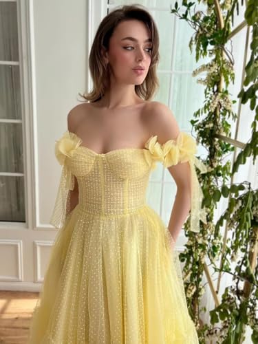 Dotted Tulle Off Shoulder Prom Dress for Women Sweetheart Midi Puffy Formal Party Gowns2
