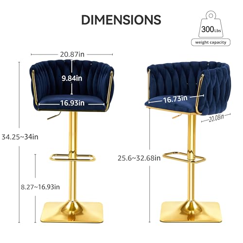 Butacos Modernos Giratorios de Altura para Barra con Espalda Tejida y Estructura Metálica Dorada, Tapizados en Terciopelo, Ajustables, para Isla de Cocina (4 unidades, Azul Marino) miniatura 2