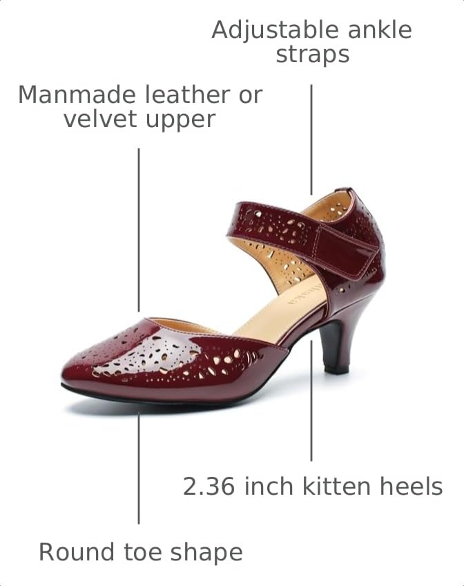 Image of Women's Comfortable Mary Jane Pumps Vintage Cutout Closed Toe Kitten Heels for Dressy Office Work