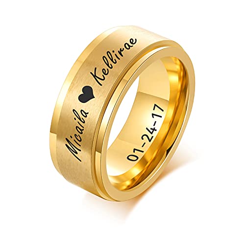 FLHEART Personalisierter Spinner Ring, Fedget Band Ring, Edelstahl Minimalist Band Stil benutzerdefinierte Name Ring Versprechen Verlobung Ehering für Herren, Vergoldet, 8mm, Größe 62 (19.7) Cover