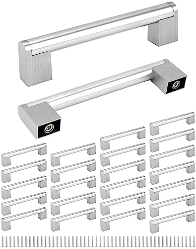 QWORK® 25 Piezas Tiradores para Armarios Cocina, Acero Inoxidable Cepillado, Tiradores Cajón Tiradores Armarios Espacio Entre Orificios 128 mm (Plata)