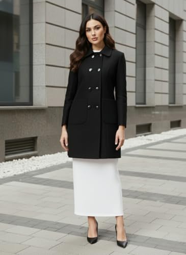 Image of CHKOKKO Women Classic Long Winter Coat Double Breasted | Knee Length Design with a Sophisticated Spread Collar and Convenient Front Pockets for All Occasions