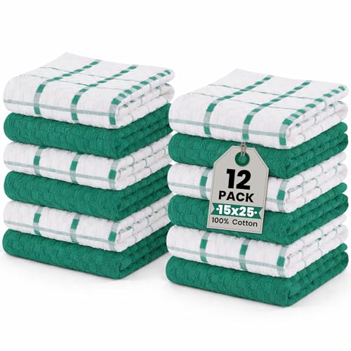 GOLD TEXTILES Kitchen Towels 12 Pack Premium 100% Cotton Dish Towels for Kitchen (15 x 25 Inches) Super Soft & Absorbent Hand Towels for Drying Dishes- Reusable (Green)