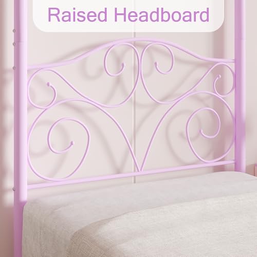 Image of VECELO Metal Canopy Bed Frame Twin Size, 4 Posters Platform Mattress Foundation with Headboard, Heavy Duty Steel Slats Support, No Box Spring Needed, Purple