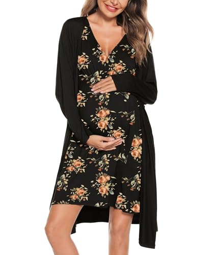 Image of SWOMOG Women Maternity Nursing Gown and Robe Set 3 in 1 Labor Delivery Nursing Nightgown for Breastfeeding Hospital Bathrobe