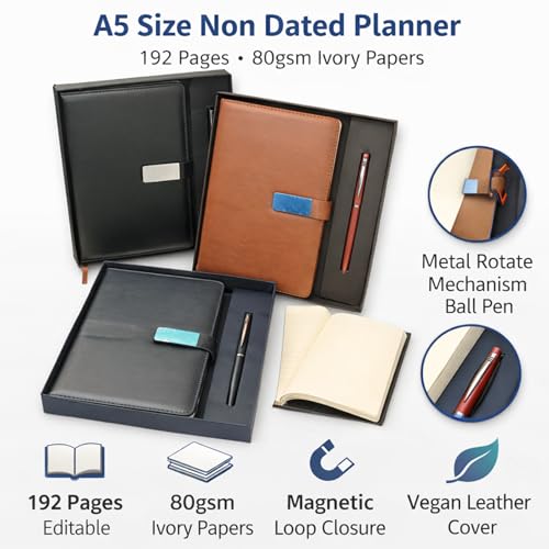 Image of Diary & Pen Gift Set with Magnetic Closure, Vegan Leather Notebook with Classic Ball Pen, 192 Pages 80 GSM Ivory Paper for Office Corporate Gift (Black)