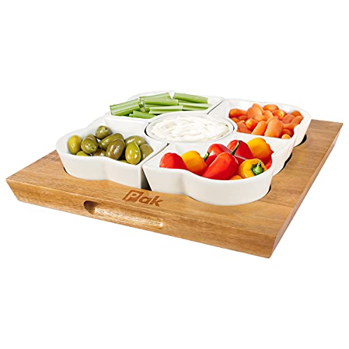 Pak Acacia Wood Serving Tray, 12' Square, Natural Brown & White, 5-Piece Set, Dishwasher Safe...