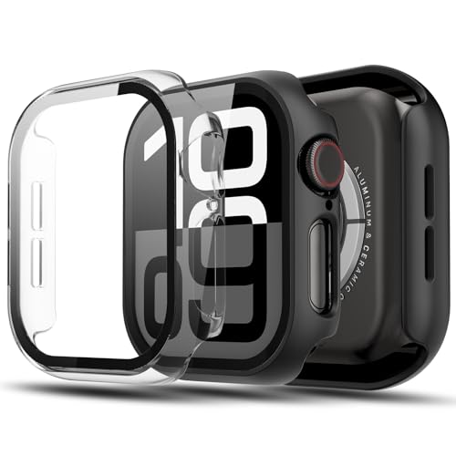 TGKML 2-Stück Kompatibel mit Apple Watch Series 11/10 Schutzhülle mit Displayschutzfolie 46mm Hard Gehäuse Eingebaut Kratzfest Gehärtetes Glas Schutzfolie für iWatch 10/11 46 mm Schwarz/Klar