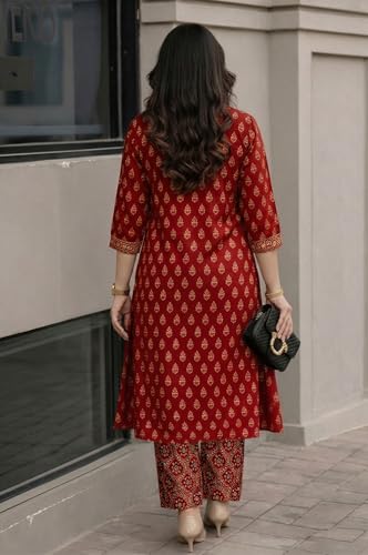 Image of ANNI Designer Kurta Set for Women Viscose Printed | Kurti Set for Woman | Kurta Pant Set | 2 Piece Set Women | Mandarin Neck 3 /4 Sleeve Regular Fit Stylish Ethnic Outfit Clothing