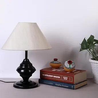 Lexton Black Metal Base Table Lamp | Bed Side Lamp for Bedroom | Living Room | Home Decoration | Drawing Room | Study Room | Bedside | Gifting Purpose| Bulb Not Included (Beige Shade, Pack of 1)