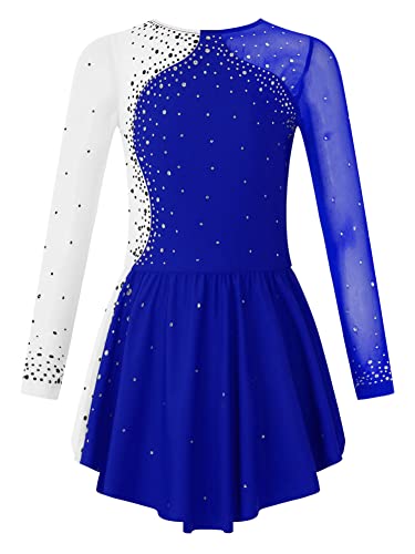 CHICTRY Kürkleider Eiskunstlauf Kinder Mädchen Strass Glitzer Rollschuhkleid Langarm Tanzbody Farbblock Patchwork Trikot Mit Wickelrock Dancewear Royal Blau 134-140
