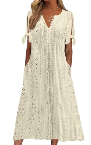 Yutdeng Vestidos Largos Mujer Verano Boho Vestidos Playeros Casual Vestido Elegante Manga Corta Cuello V con Bolsillos Sueltos Vestidos de Playa Vestido Largo Vestido Midi Mujer Verano,Beige,XL