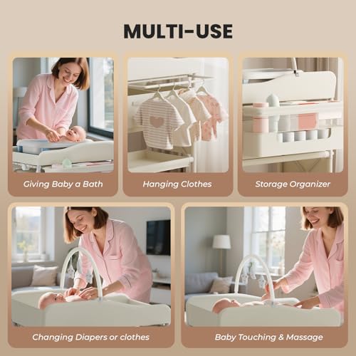 Image of Jaylene Portable Baby Changing Table with Storage - Adjustable Height Diaper Station, Waterproof Pad, Large Capacity Organizer, Foldable Newborn Changing Table for Nursery & Bedroom (Beige)