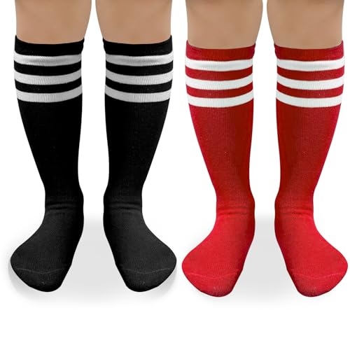 EQLEF - Chaussettes de Football Enfant 4-6 Ans, 2 Paires Chaussettes de Football Enfants pour Garçons et Filles Entraînement Sportif Performance de Football et Chaussettes de Costume, Noir et rouge, 26-29