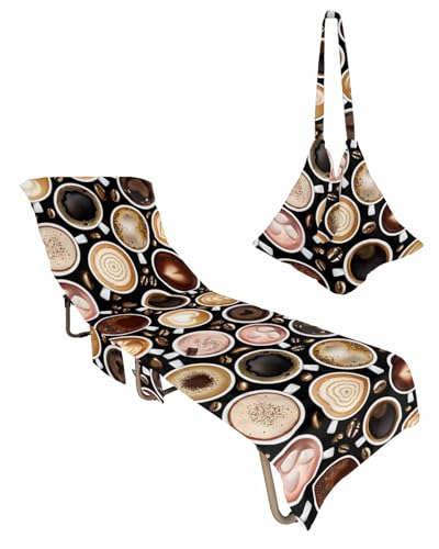 Coffee Beach Lounge Chair Towel Cover, Soft Chaise Lounge Towel with Side Pockets Patio Pool Chairs Cover for Beach/Pool Sunbathing 29x85 Coffee Cups Pink Brown Beige Vintage