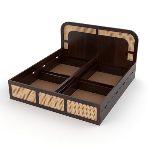 Image of Sheesham Wood Cane Bed with Drawer Storage for Bedroom | Queen Size Wooden Double Bed Palang with Curved Rattan Headboard & Footboard (Walnut Finish)