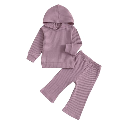 Toddler Baby Girl Clothes Ribbed Long Sleeve Hooded Sweatshirts and Bell Bottoms Pants Infant Fall Winter Outfit