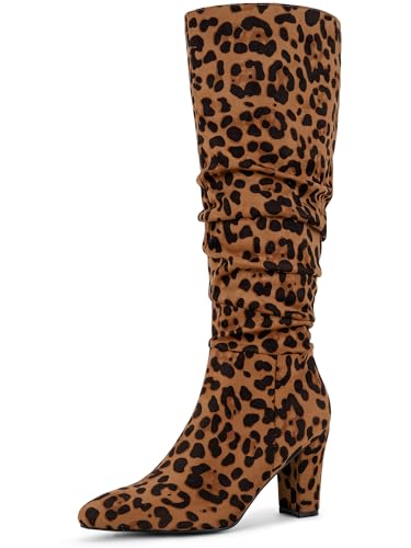 Perphy Wrinkled Pointed Toe Chunky Heel Knee High Boots for Women