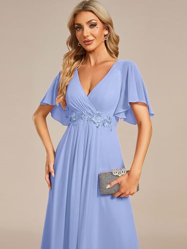 Image of Ever-Pretty Womens V Neck Applique Mother of the Bride Dresses Formal Dress | Chiffon, Short Sleeves, Ruched, A-Line, Bridesmaid Dresses, Formal Gown, Black Tie Dress