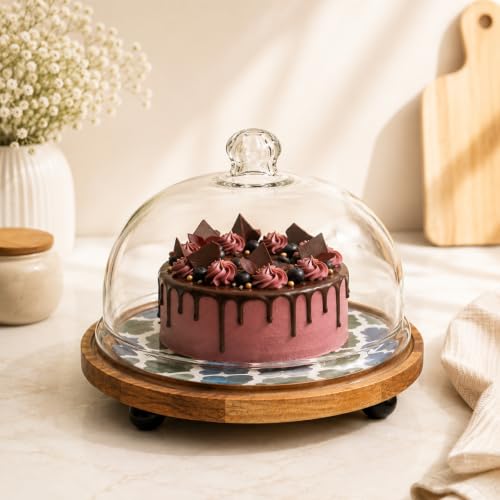 Image of Frosty Bliss Acacia Wood Cake Stand glass Dome | Glass Dome Lid Cake Plate | Multipurpose Serving Stand for Wedding Birthday Parties | Dessert Pastry Display