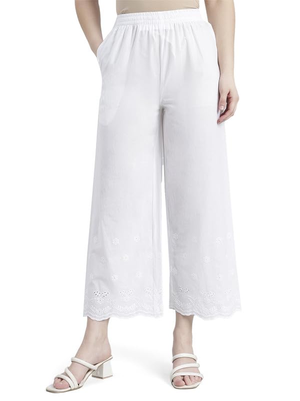 Image of GO COLORS Women Cotton Hakoba Wide Pant Ankle Length, Floral Embroidery, Relaxed Fit, Mid-Rise with Side Pocket