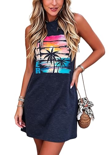 Image of Sun Salt Sand Coconut Tree Tank Mini Dress for Women Sleeveless Beach Praty Shirts Summer Vacation Short Mini Dresses