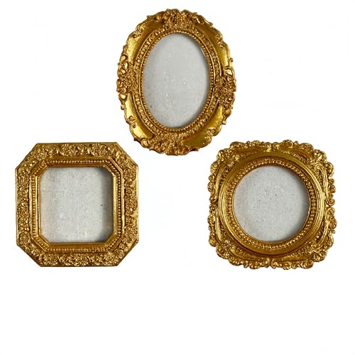 Image of Vintage Decorative Mini Picture Frames Set, Black with Gold Accents, 3 Pack Antique Style Resin Photo Frames for Wall Display, DIY Jewelry, Photography (Gold)